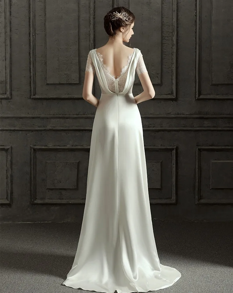 Винтажное атласное кружевное свадебное платье с коротким рукавом и v образным