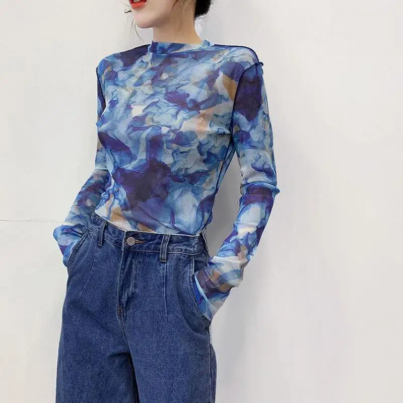 

Yedinas Blue Tie Dye Long Sleeve T-shirts Women Personality Painting Printed See Through Mesh Tee Shirts Sexy Slim Designer Tops