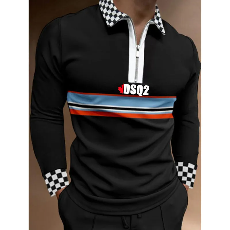 

Men Polo Shirt Casual Long Sleeve Stripe Splicing Turn-down Collar Zippers Tops Autumn Men Brand Clothing Best Seller Vogue Tee