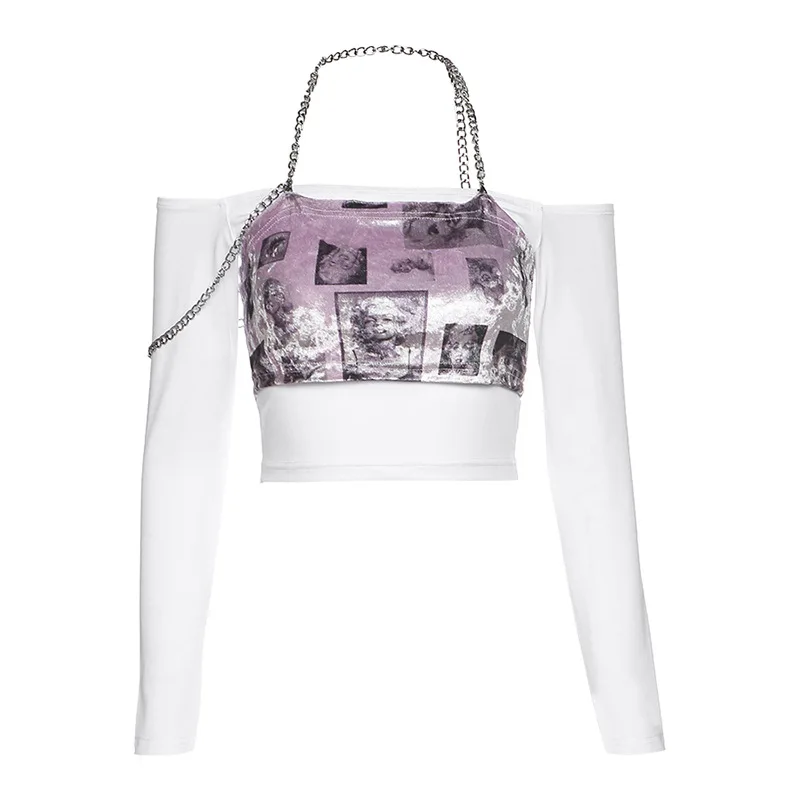 

Women's T-Shirts Crop Tops Halter Neck Chain Off Shoulder Fashion Printing Sexy Short T-Shirt Tops Fashion T-Shirt 2020