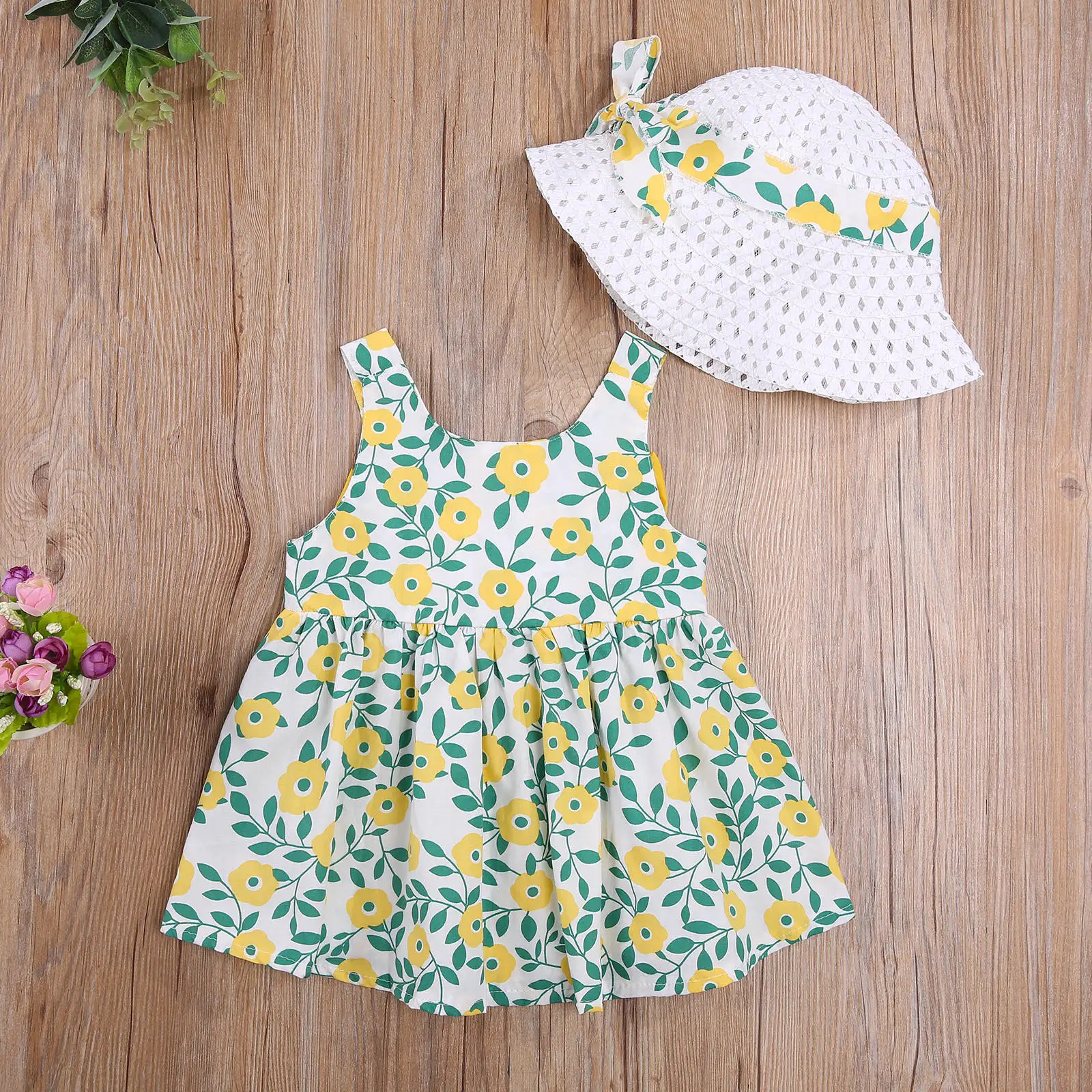 

2021 Summer Kids Girls Sweet 2-piece Outfit Set Sleeveless Floral Printed Back Bowknot Dress+Hat Set 12M-3T