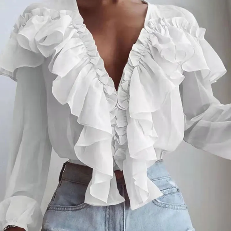 Женская шифоновая блузка с рюшами летняя длинным рукавом и V-образным вырезом