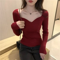 women thin knitted sweaters sexy square collar long sleeve jumpers 2021 autumn winter solid elastic bodycon pullover crop tops