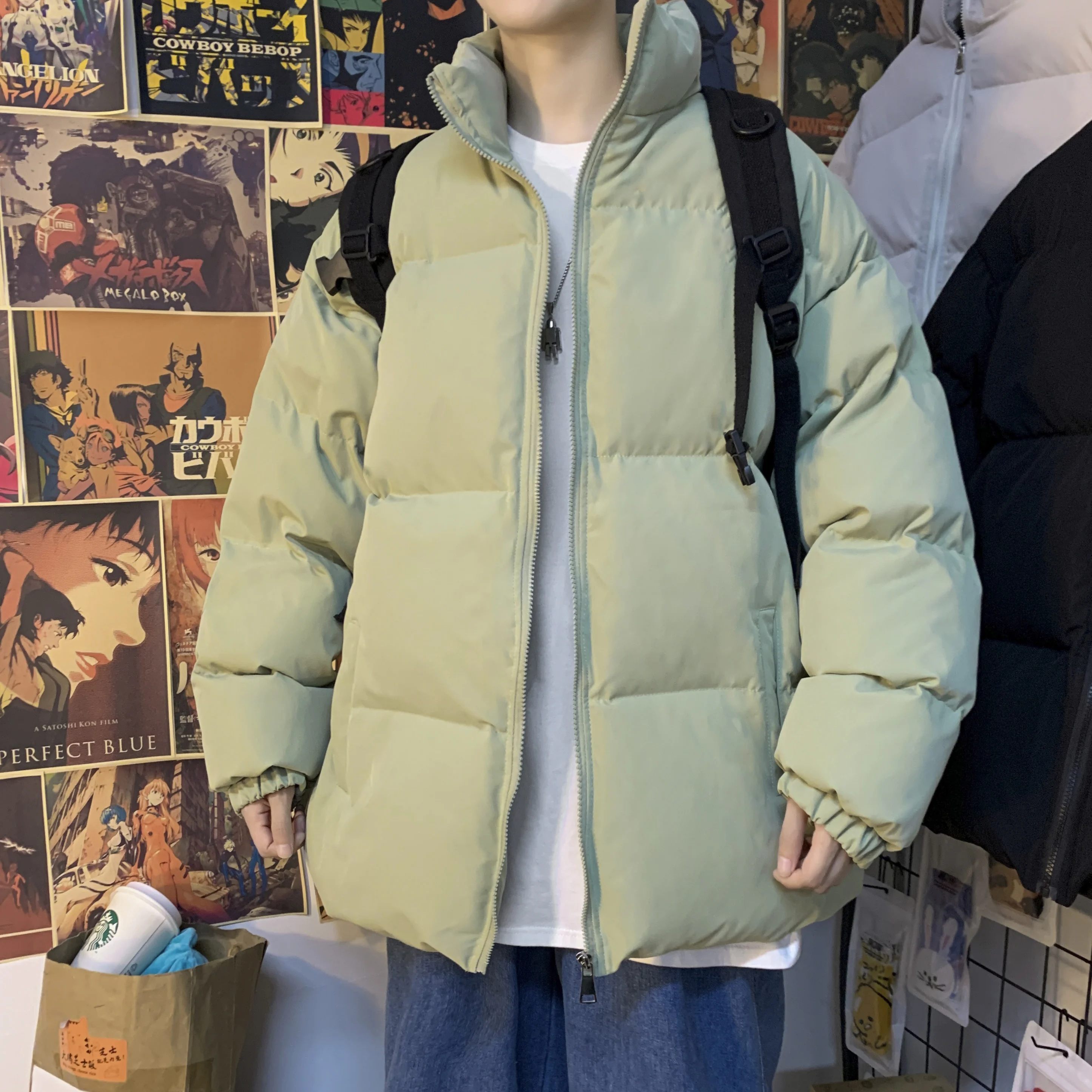 2021 men's solid color warm Hong Kong style cotton padded jacket men's new bread suit stand collar Korean ins trend cotton padde