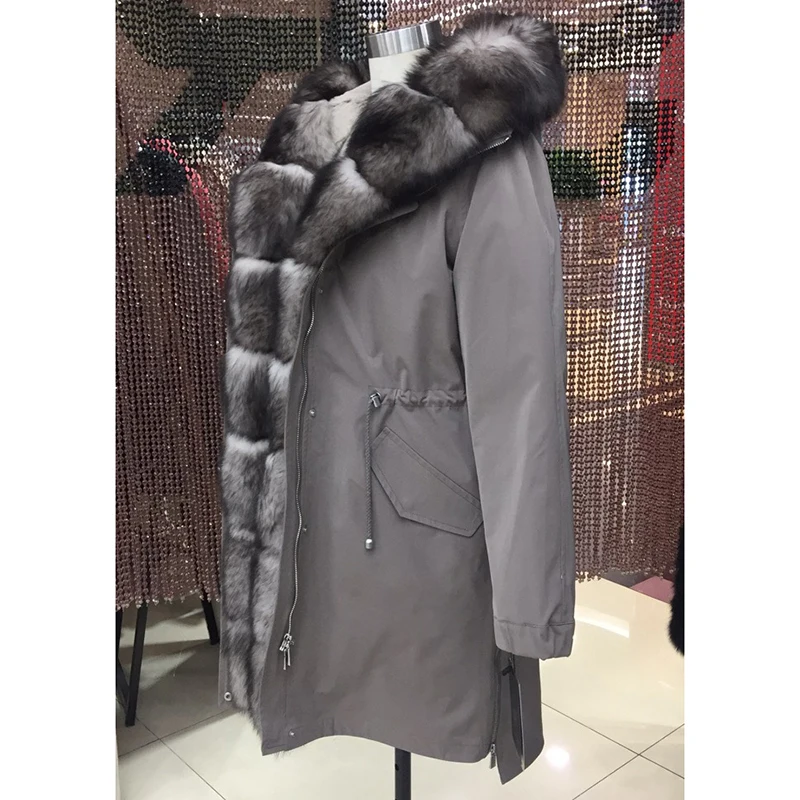 Женская зимняя длинная парка, пальто, куртка с капюшоном, Воротник из енота и лисы, съемная подкладка из кролика, 43D 66081