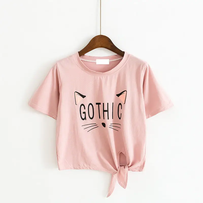 Женский хлопковый укороченный топ с принтом кошки черная Повседневная Базовая