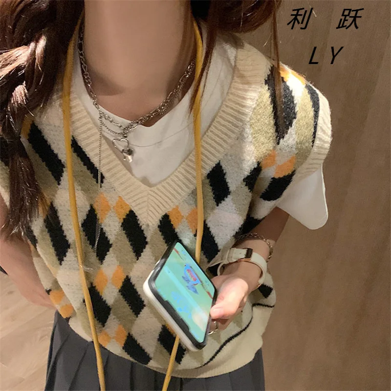 

Женский жилет с V-образным вырезом, свободная уличная одежда в Корейском стиле, весенний свитер с бриллиантами, 2021