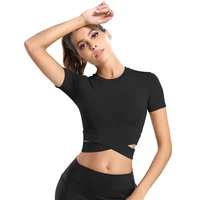 crop top for fitness women short sleeve sports t shirt polyester cozy flex stretch cross slim yoga shirts gym femme workout tops