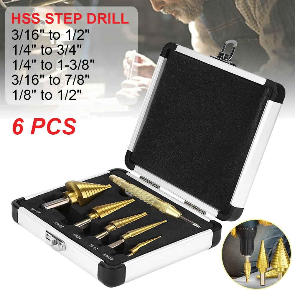 

6pcs Titanium Step Drill Bit Imperial High Speed Steel Drill Bits Set for Metal Hole Drilling with Center Punch