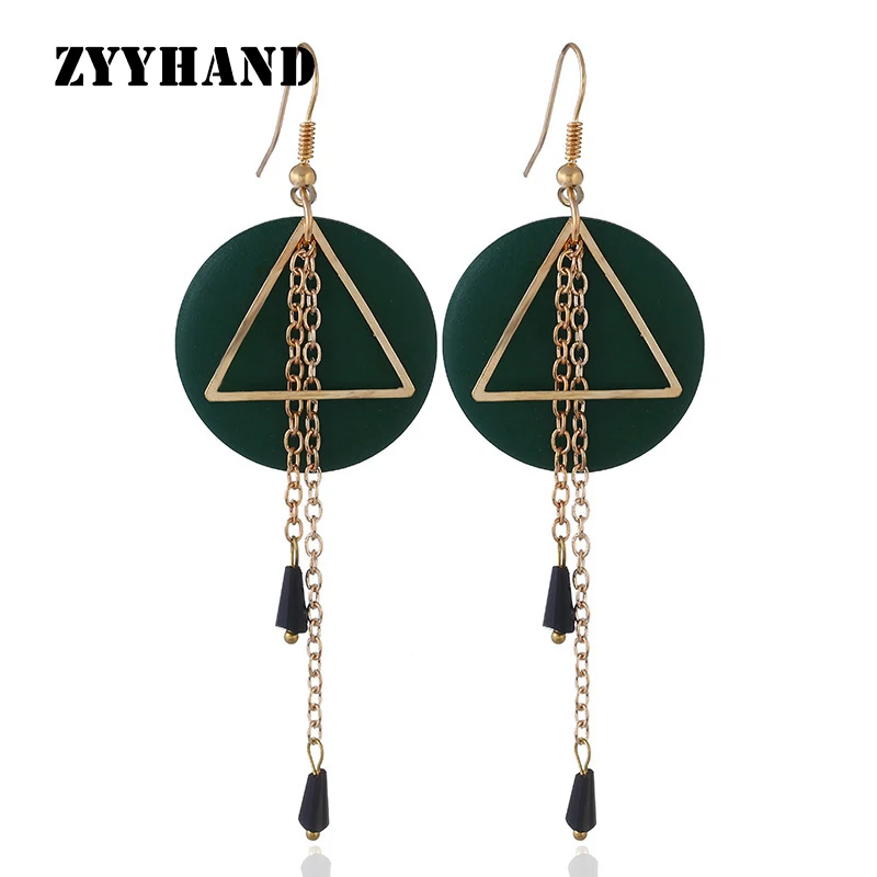 Модные новые стильные длинные серьги с круглым треугольником женские кисточками