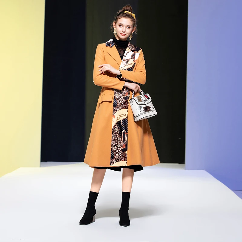 

Windbreaker High Quality Autumn Winter New Print Stitching Lapel Suit Women'S Cotton Coat Jacket Belt Slimming Vintage Fashion