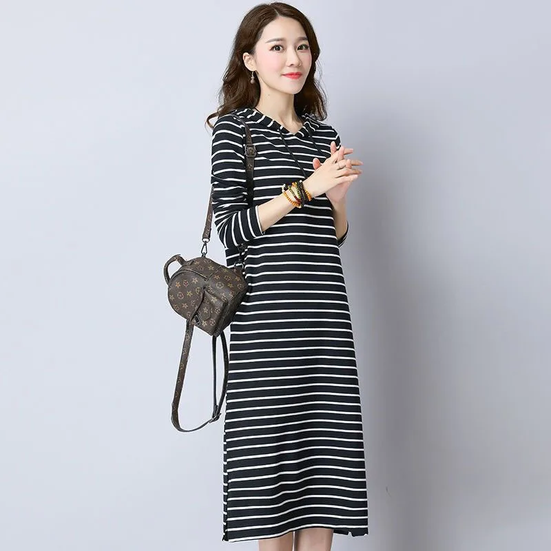 

Новое Женское платье в полоску, повседневное элегантное свободное платье с длинным рукавом и воротником-крылышком, тонкое модное платье SS746