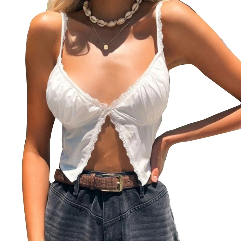 

Women Sleeveless Lace Splicing Crop Top Sexy V-Neck Split Front Ruched Cami Vest