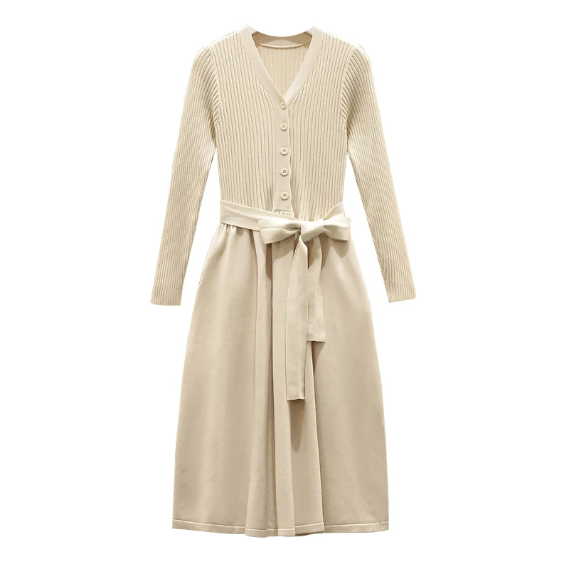 

Lamtrip Korean Women Elegant Lady V-Neck Knitted Belt Long Sleeve Basic Dress Mori Girl 2021 Spring