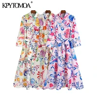 kpytomoa women 2021 fashion with belt floral print midi shirt dress vintage three quarter sleeve button up female dresses mujer