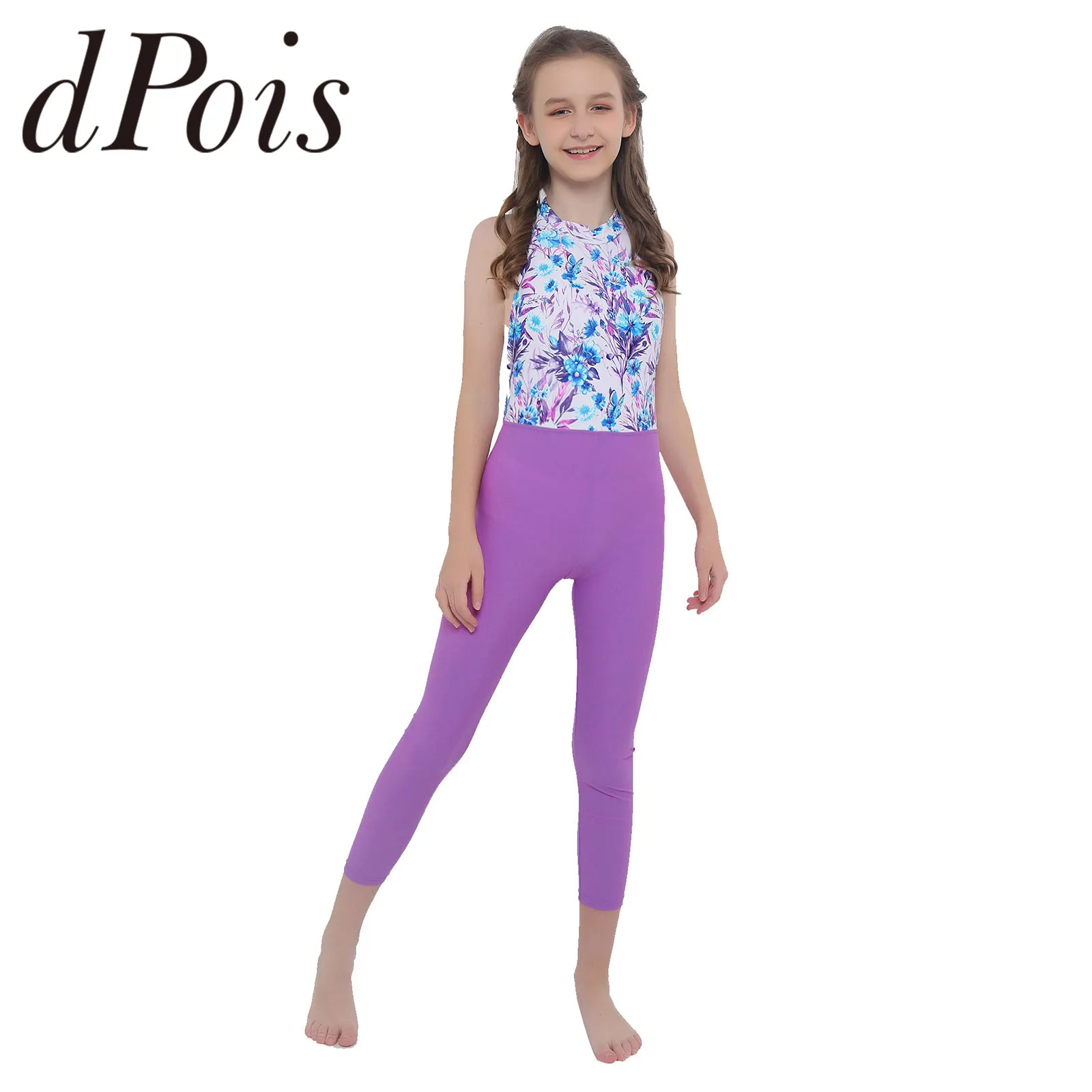 

Kids Girls One-piece Swimwear Sport Jumpsuit Halter Neck Open Back High Waist Pants Gymnatics Jumpsuits Sleeveless Bodysuit