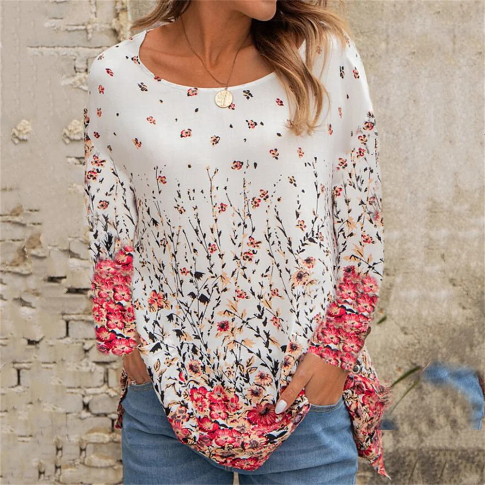 

2021 Autumn And Winter New Round Neck Loose Flowers Printing Pullover Ladies Long Sleeve Casual T-Shirt Women's Street Clothing
