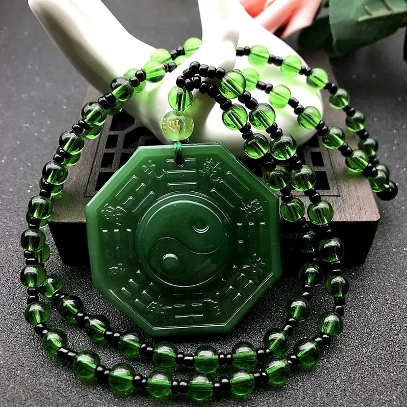 

Chinese Natural Green Hand-carved Taiji Bagua Jade Pendant Fashion Boutique Jewelry Obsidian Necklace for Men and Women