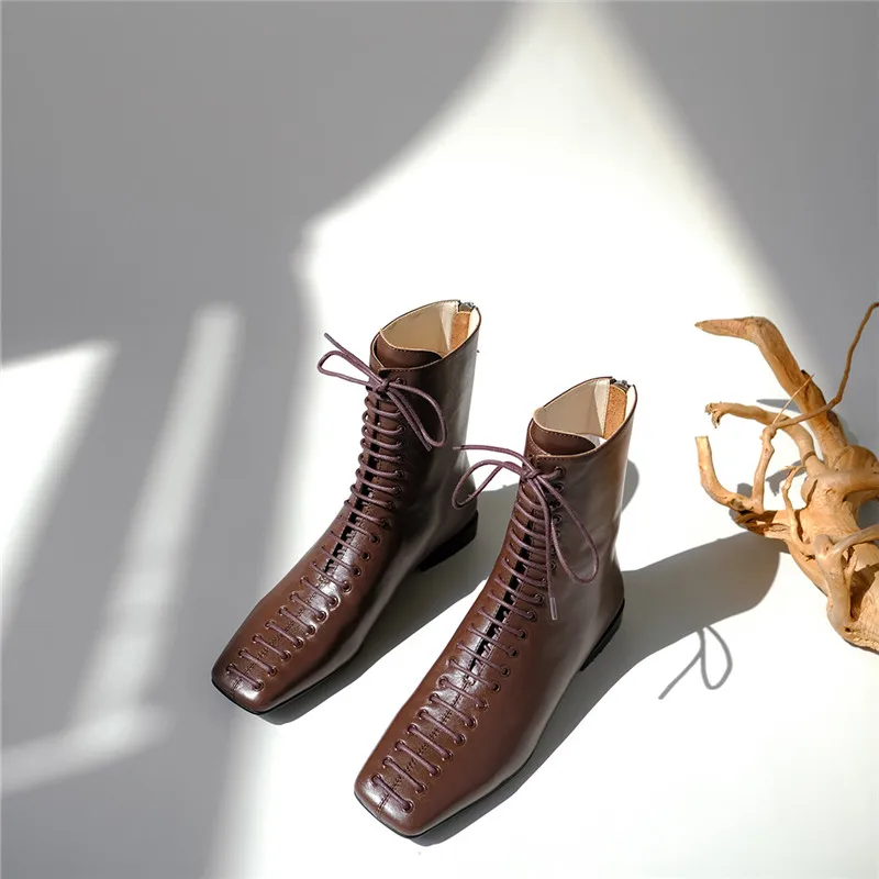 spesifikasi Sepatu Bot Pergelangan Kaki Tali Silang Kulit Asli Wanita Sepatu Bot Matin Warna Polos Datar Kasual Botas Feminina Zapatillas Mujer Kualitas Tinggi