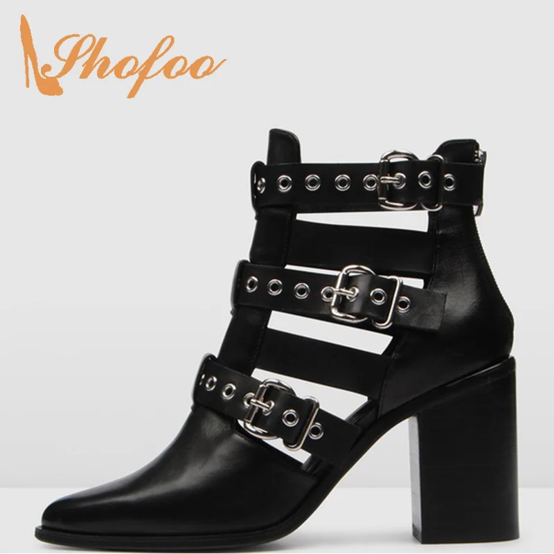 Черные ботильоны в стиле панк женские на высоком квадратном каблуке с острым