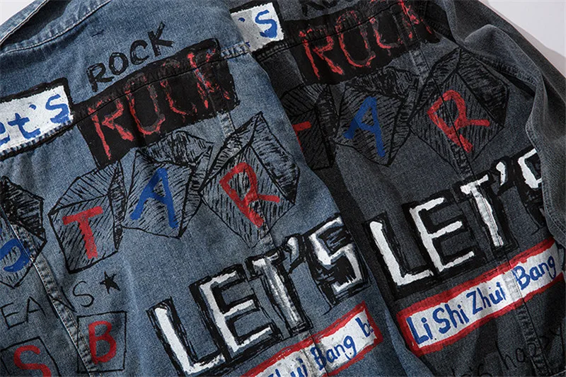 

KIMSERE Men Hi Street Hip Hop Rock Jean Jackets Fashion Graffiti Denim Trucker Jacket Printed Jean Outerwear For Male Streetwear