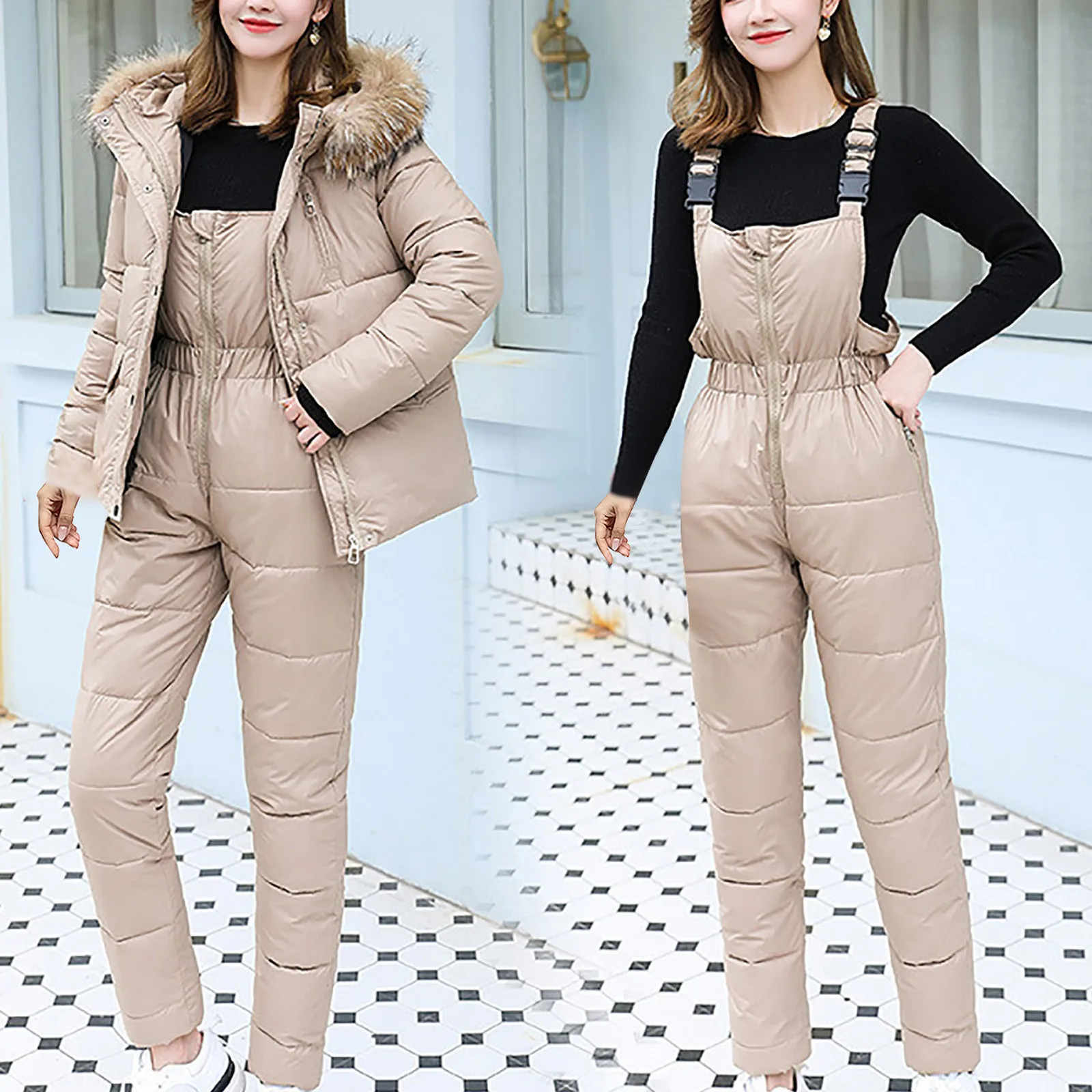 

Красивая Женская пуховая хлопковая одежда, комплект из 2 предметов, Женский однотонный комбинезон на бретельках, куртка с капюшоном на молн...