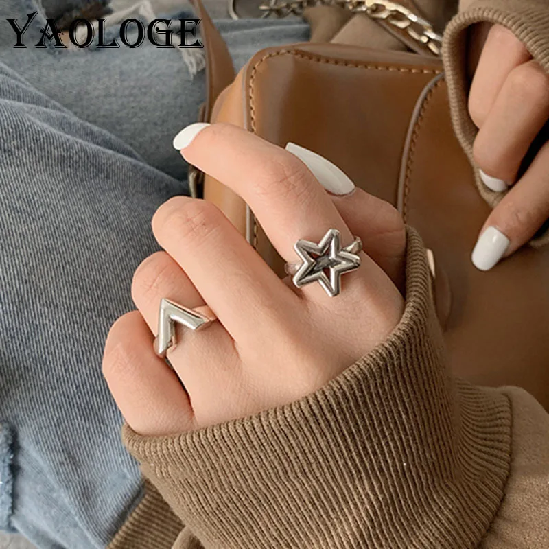 

YAOLOGE Hot Sale Silver-Plated V-Shaped Five-Pointed Star Big Ring Female Fashion Ring 2020 Statement Jewelry Accessories