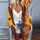 Женская Винтажная летняя блузка с цветочным принтом, Длинная пляжная блузка ZANZEA в богемном стиле, кимоно с длинным рукавом и открытым спереди