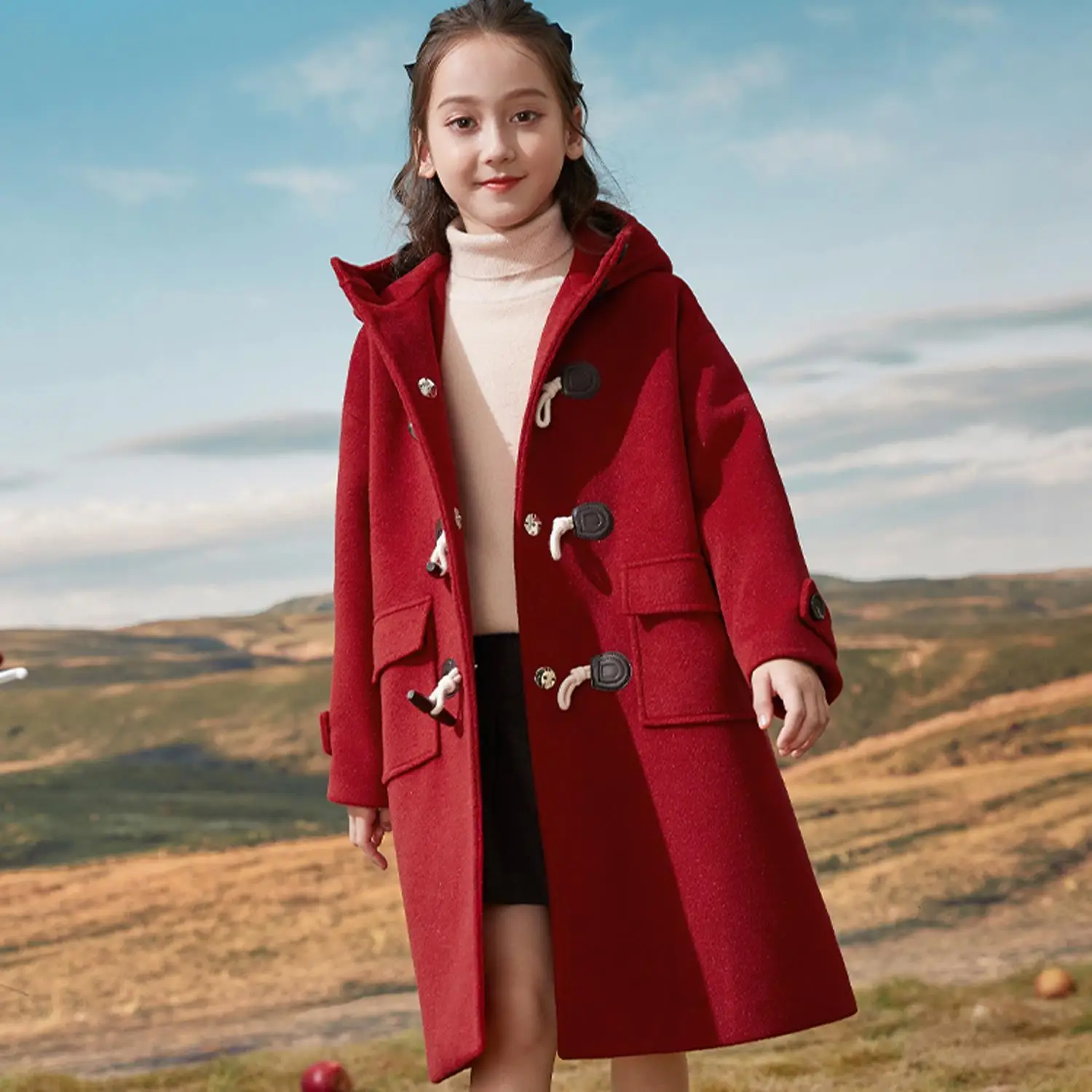 

Girls Woolen Coats Children's New Year Christmas Red Wool Blends Teenager 4-16 Year Medium-length Horns Button Outerwear Jackets