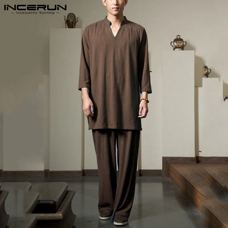 

Chinese Style Men Sets Tang Suit 3/4 Sleeve Vintage Streetwear V Neck Solid Color Tops Loose Pants Retro Men Suits S-5XL INCERUN