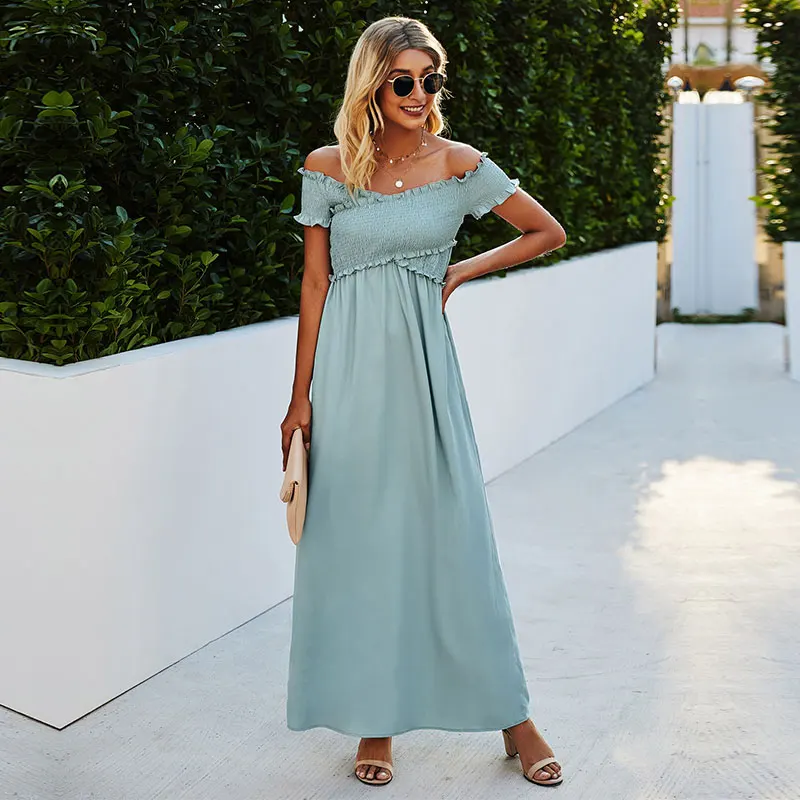 

2021 Spring Summer New Off The Shoulder Solid Maxi Dress Women Casual Backless Medium Long Ladies Fashion Slash Neck Dress