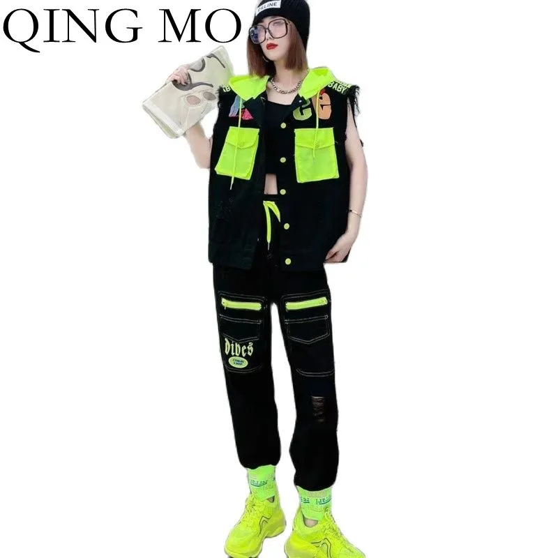 

QING MO Autumn Fashion Contrast Stitching Loose Denim Sets Women Hooded Cardigan Vest Jacket + Casual Trousers Two Piece ZWL844