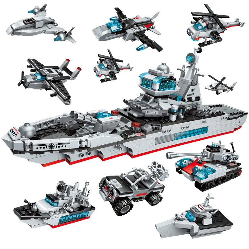 

8 In 1 Military Warship Building Blocks Model Bricks Navy Aircraft Modern Army Warship Assemble Children Gifts Bricks DIY Toys