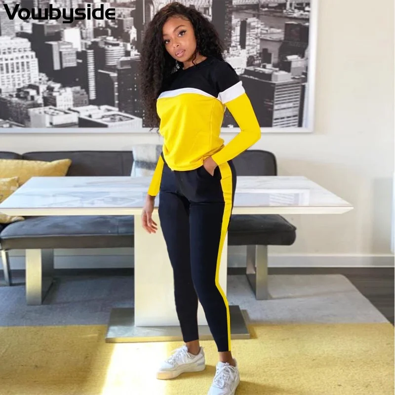 

Spring and Autumn Solid Color Stitching Women's Casual Suits Long Sleeve Round Neck T-shirt Elastic Waist Slim Pants Sets