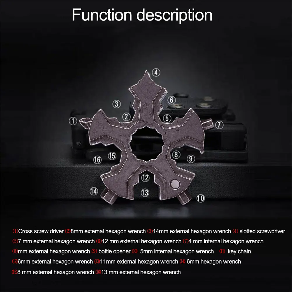 

Portable 16 In 1 Mini Snowflake Multi Pocket Tool Spanner Hex Wrench Multipurpose Camp Survive Outdoor Hike Key Ring Key Chain