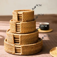 6 pcs woven rattan coasters placemats handcrafted heat insulating coffee drink cup table mats with storage holder for home decor