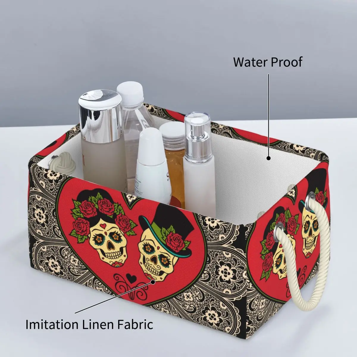 Льняная коробка для хранения мексиканских сахарных черепов с сердцем и