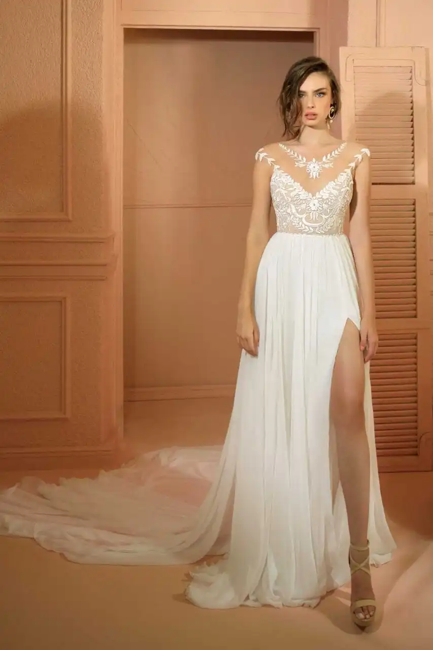 

2021 Bohemian Wedding Dress V Neck Lace Appliqued A Line Boho Bridal Gowns Cheap High Split Abiti Da Sposa