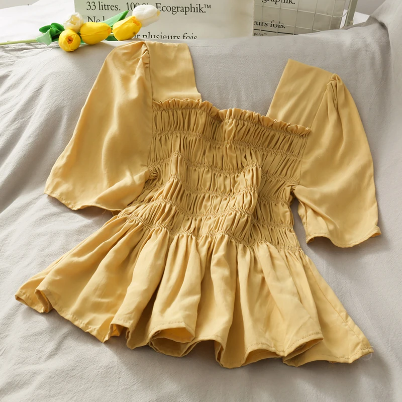 Pearl Diary Women Sweet Blouse Smocking Ruched Top Square Neck Ruffle Neckline Korean Style Baby Blouse For Girls Sweetshirt