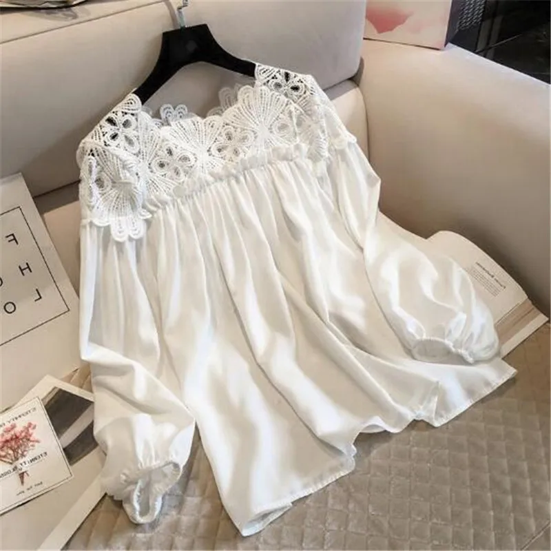 

2021 Loose Sexy Off Shoulder Tops Blouses Women Shirts Ladies Puff Sleeve Casual Elegant Black White Lace Blouses