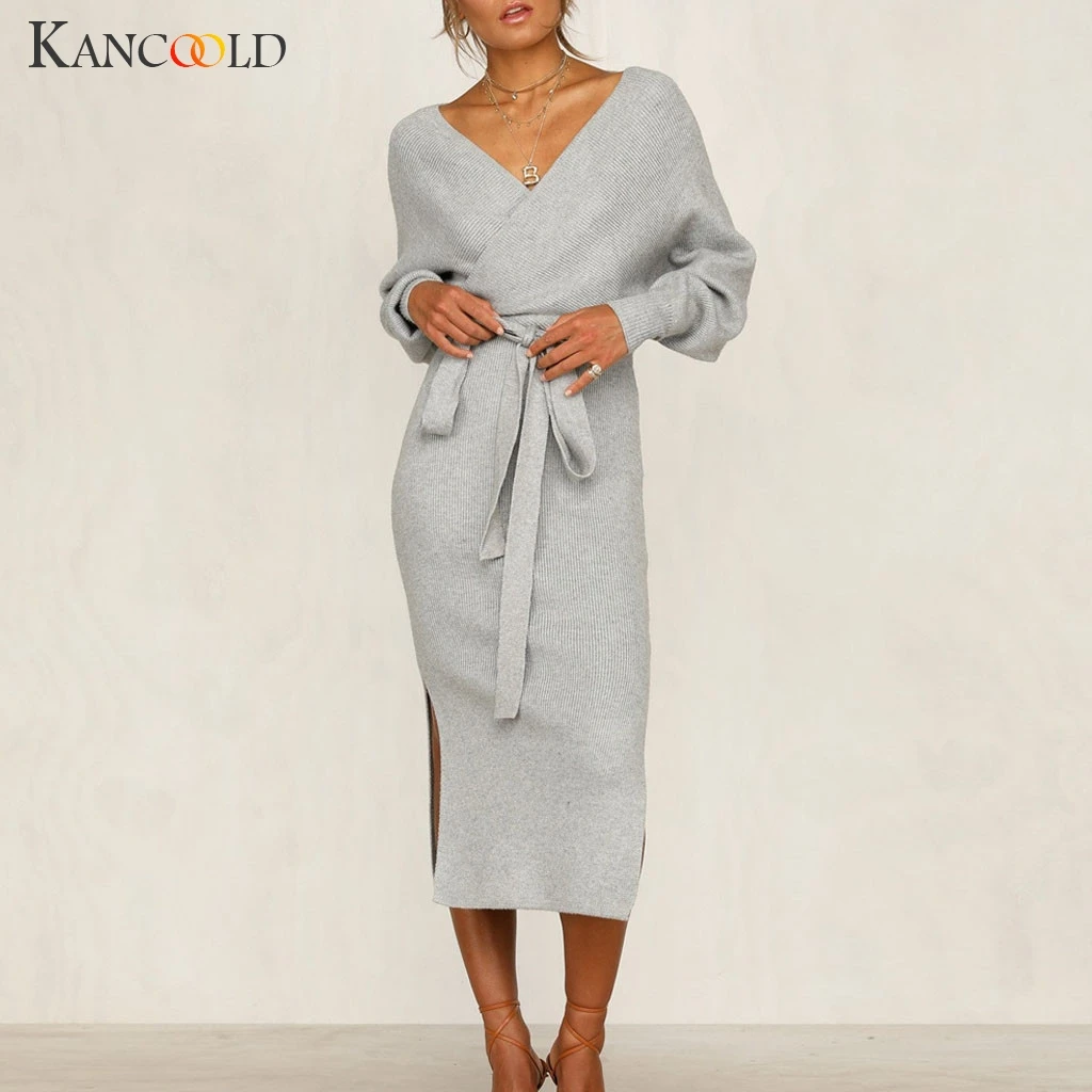 KANCOOLD dress Women Winter Backless V Neck Long Sleeve Dress Empire Evening Party With Belt fashion new women 2019Sep9 | Женская одежда