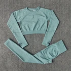 Женский бесшовный спортивный костюм для йоги, однотонный спортивный костюм с длинным рукавом, леггинсы и длинная рубашка для фитнеса