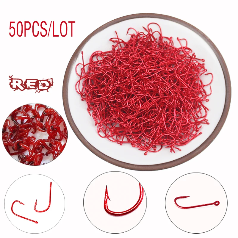 

Fish Hook High-Carbon Steel 50pcs/lot With Barbed 1#-9# Series Fly Hooks Bionic Worm Pool Fishing Red Bait Hook