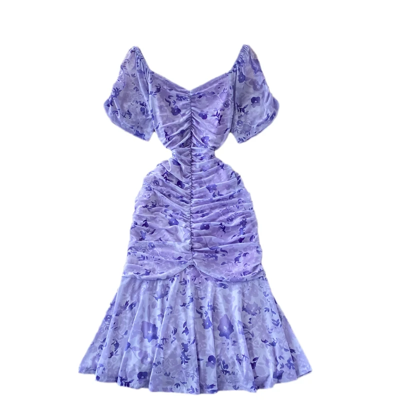 

French Print Mermaid Dress Women Elegant Ruched Slim Party Dresses 2021 Summer Bohemian Ruffles Chiffon Short Sundress