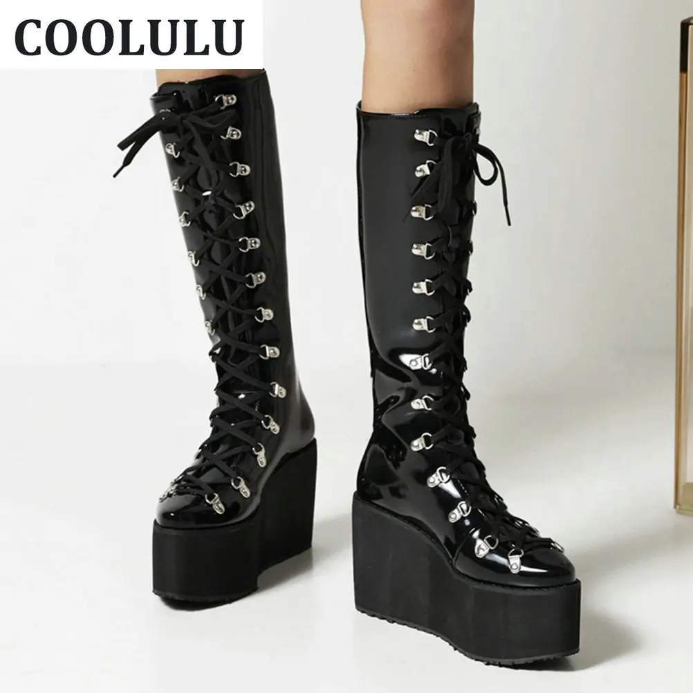 

Сапоги женские COOLULU Goth, черные, на платформе, на танкетке, на шнуровке, в готическом стиле, зимние