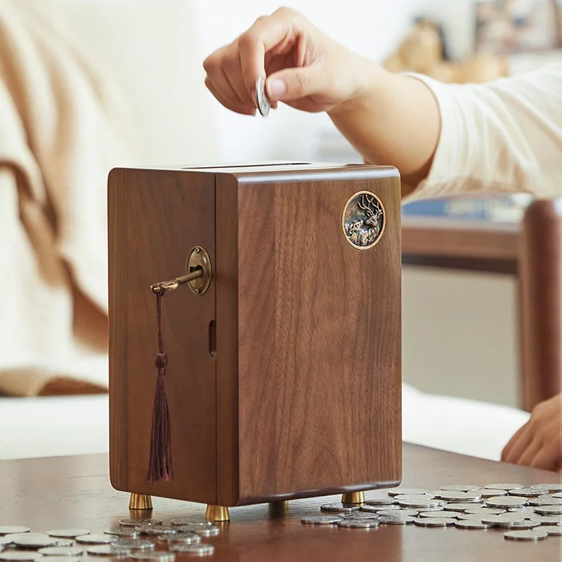 Запираемая копилка для денег черная ореховая деревянная банкнот сберегательная