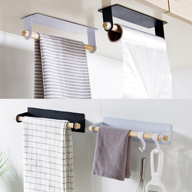 

K1KA Bathroom Wall Mount Towel Hanger Rack Kitchen Cabinet Rag Roll Paper Hanging Holder Storage Organizer