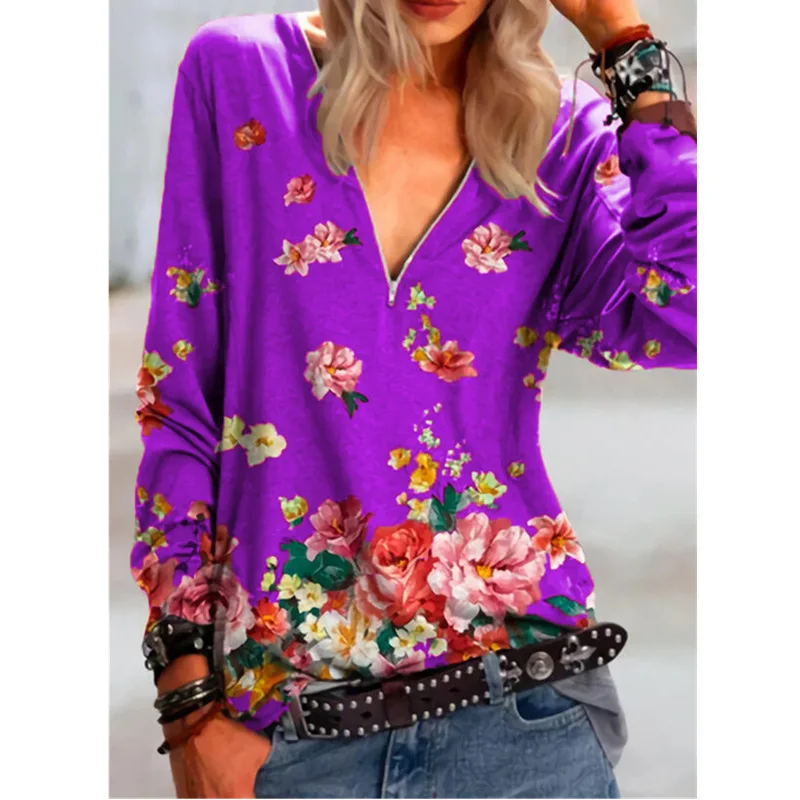 

Casual Style Women Fashion 2010 Spring Autumn Printed Pullover Zipper V-Neck Long Sleeve Blouse Sexy Women Loose Hoodie Tops