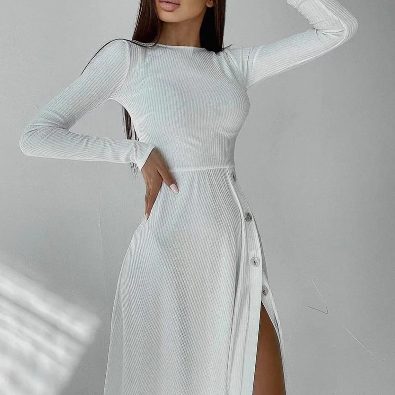 

Sexy Knitted Split Autumn Women's Dresses Long Sleeve Elegant Elastic Midi Dress For Women 2021 Winter Lady Knit Sweater Vestido