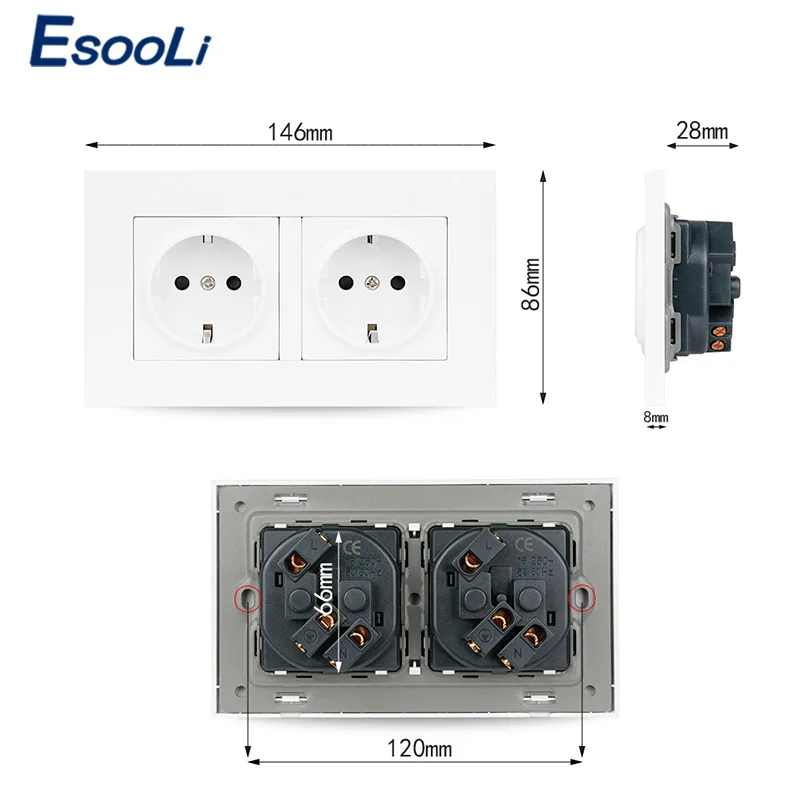 Esooli Высококачественная Золотая пластиковая настенная мощность двойная розетка заземленная, 16А стандарт ЕС Электрический двойной выход 146 мм* 86 мм